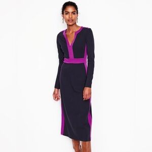 NWT Boden Catherine Ponte Long Sleeve Navy/Purple V-neck Midi Dress 10P